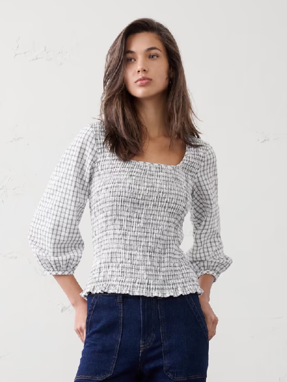 Banana Republic Seersucker Smocked Bodice Square-Neck Plaid Blouse